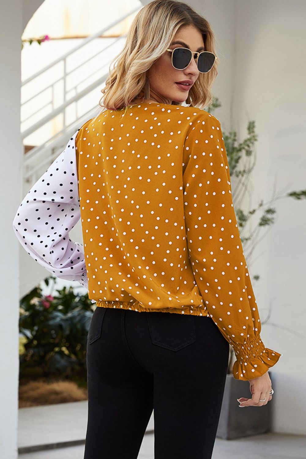 Polka Dot Surplice Neck Lantern Sleeve Blouse